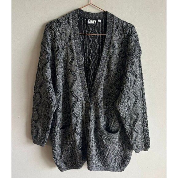 DKNY Womens Metallic Knit Cardigan Sweater Black Silver Chunky Knit Size L - Picture 1 of 9